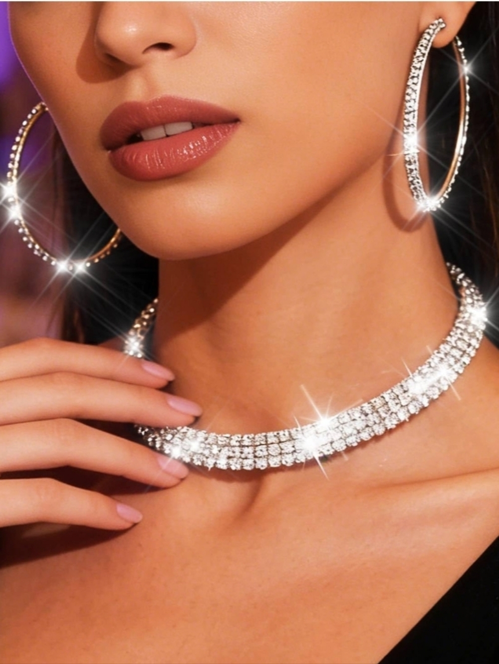 Rhinestone Crystal Choker Necklace - Silver Sparkle Set